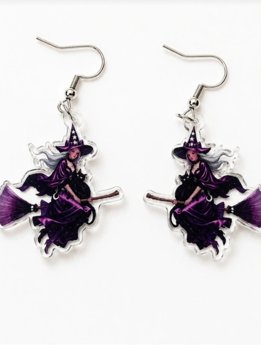 Purple Witch on Broomstick Dangle Earrings - Women Jewelry